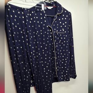 Boden PJ Set Navy Blue Gold Polka Dot XS Top Pant Bottom Long Sleeve